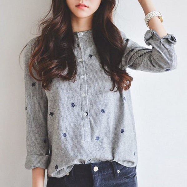 Harajuku Linen Striped Leaves Embroidery Women Blouse Full Sleeve Single Breasted Casual Woman Shirts 2022 Summer Tops Plus Size