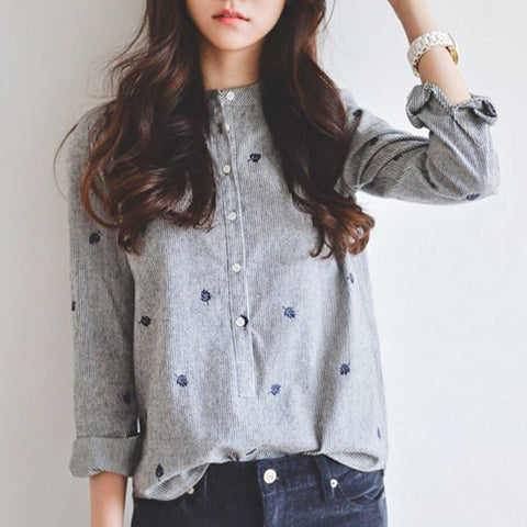 Harajuku Linen Striped Leaves Embroidery Women Blouse Full Sleeve Single Breasted Casual Woman Shirts 2022 Summer Tops Plus Size