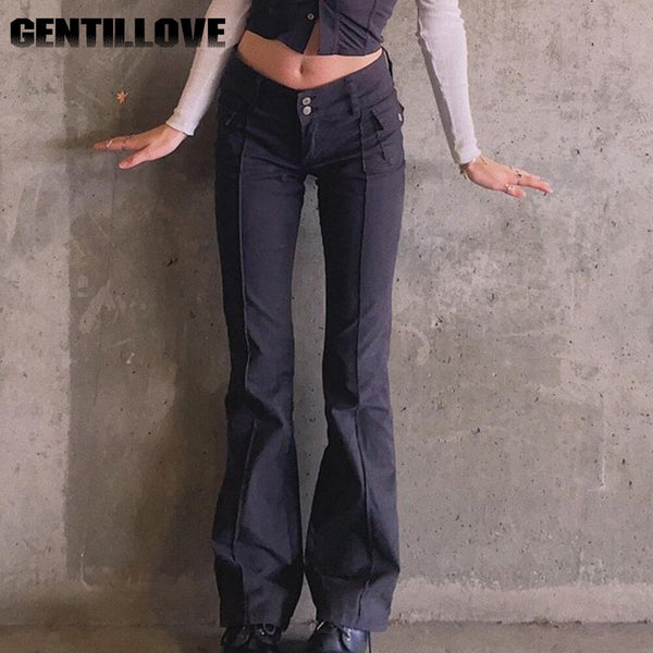 Harajuku Low Waist Rise Flare Pants Women Vintage Black Y2k Jeans Black Denim Baggy Pants  90s Aesthetic Slim female Trousers