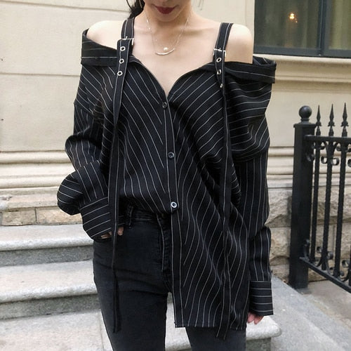 Harajuku Punk Gothic Off Shoulder Blouse Shirt 2022 Women New Korean Fashion Sexy Strapless Long Sleeve Vertical Striped Shirts