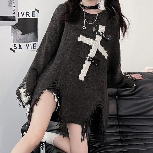Harajuku Punk Subculture Crucifix Beggars Retro Street Hip-Hop Lazy Wind Mid Length Sweater Hole Breaking Knitwear Loose Tops