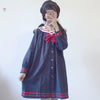 Harajuku Sailor Collar Navy Dress Japanese Fashion Sweet Bow Soft Sister Girl Lovely Cotton Kawaii Preppy Full Sleeve Dresses