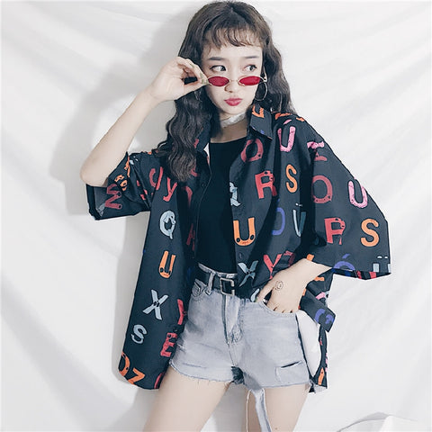 Harajuku Street New Summer Women Letter Pattern Print Shirts Female Kawaii Colorful Words Casual Blouses Cute Cardigans Tops