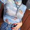 Harajuku Sun Moon Print Mesh Top Female T-shirt Long Sleeve Transparent Crop Tops Tees Summer T shirt Clothes