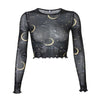 Harajuku Sun Moon Print Mesh Top Female T-shirt Long Sleeve Transparent Crop Tops Tees Summer T shirt Clothes