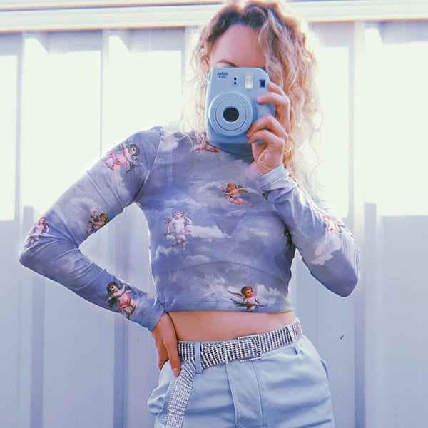 Harajuku Sun Moon Print Mesh Top Female T-shirt Long Sleeve Transparent Crop Tops Tees Summer T shirt Clothes