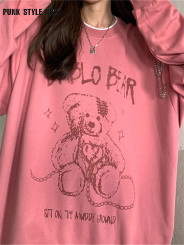 Harajuku Sweater Kawaii Women Bear Print Gray Pink Sweatshirts Hoodie Long Sleeve Tops Korean Streetwear Female Oversize Hoddies