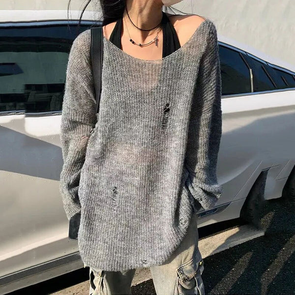 Harajuku Sweater Women Loose Lazy Tops Y2K Emo Alt Grey Hole Knitted Sun Protection Outerwear Pullover Goth Aesthetic Sweaters