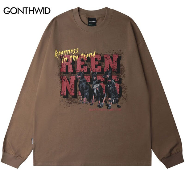 Harajuku T Shirt Hip Hop Doberman Dog Letter Print Long Sleeve Cotton Tshirt Streetwear 2023 Autumn Casual Loose Tee Top