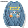 Harajuku T Shirt Men Hip Hop Funny Cartoon Cat Print Cotton Long Sleeve Distressed Wash Tshirts Streetwear Shirts Tops