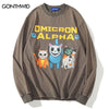 Harajuku T Shirt Men Hip Hop Funny Cartoon Cat Print Cotton Long Sleeve Distressed Wash Tshirts Streetwear Shirts Tops