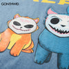 Harajuku T Shirt Men Hip Hop Funny Cartoon Cat Print Cotton Long Sleeve Distressed Wash Tshirts Streetwear Shirts Tops