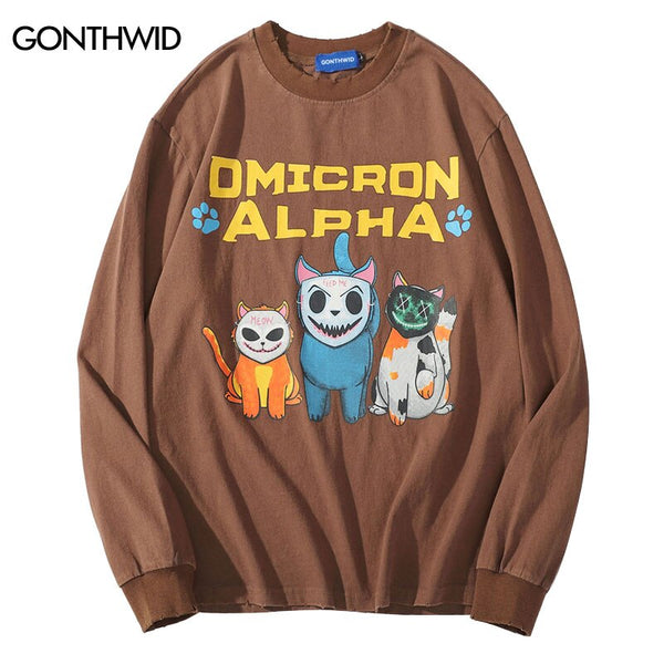 Harajuku T Shirt Men Hip Hop Funny Cartoon Cat Print Cotton Long Sleeve Distressed Wash Tshirts Streetwear Shirts Tops