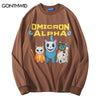 Harajuku T Shirt Men Hip Hop Funny Cartoon Cat Print Cotton Long Sleeve Distressed Wash Tshirts Streetwear Shirts Tops