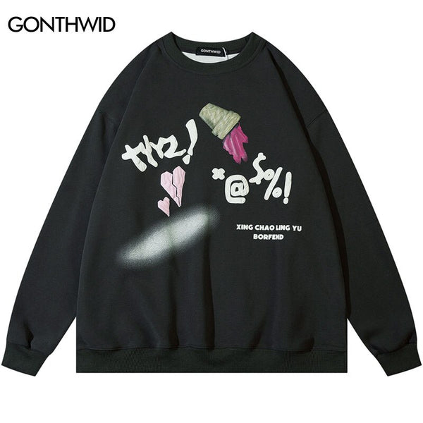 Harajuku Thin Sweatshirt Streetwear Hip Hop Letter Print Crewneck Pullover Hoodie Unisex Casual Loose Long Sleeve Tops