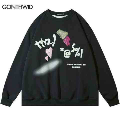 Harajuku Thin Sweatshirt Streetwear Hip Hop Letter Print Crewneck Pullover Hoodie Unisex Casual Loose Long Sleeve Tops