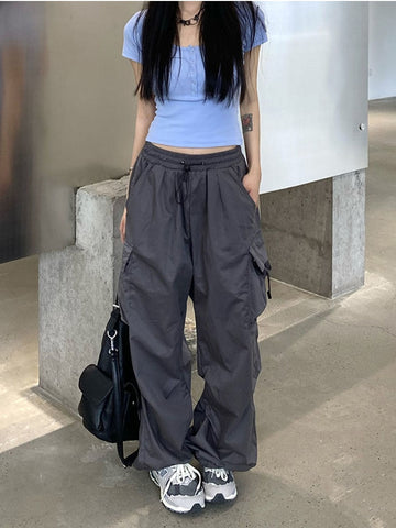 Harajuku Vintage Parachute Cargo Pants Women Y2k Streetwear Bf Wide Leg Trousers Oversize Jogging Techwear Sweatpants