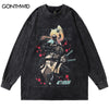 Harajuku Vintage Tshirt Hip Hop Japanese Anime Cartoon Girl Print Washed Shirts Punk Gothic Casual Long Sleeve T-Shirt