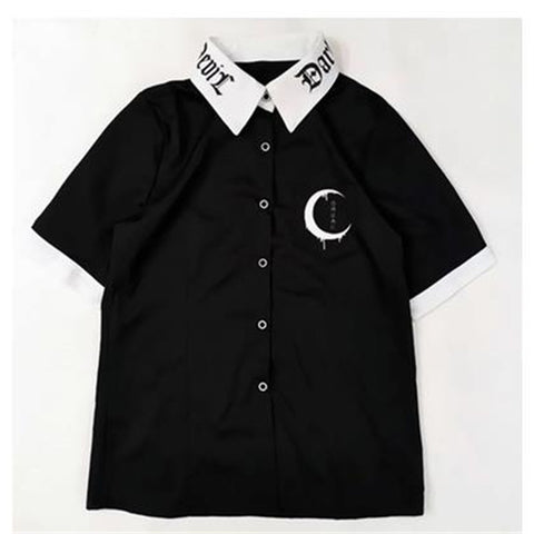 Harajuku Women Shirts Moon Gothic Letters Japanese Printed Collar Vintage Short Sleeve Black Shirt Tops Darkness Goth Blouse