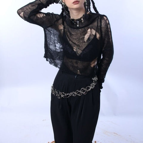 Harajuku Y2K Loose Emo Knitted Sweaters O Neck Broken Hole Pullovers Black Brown See Through Sext Grunge Punk Gothic Sweaters