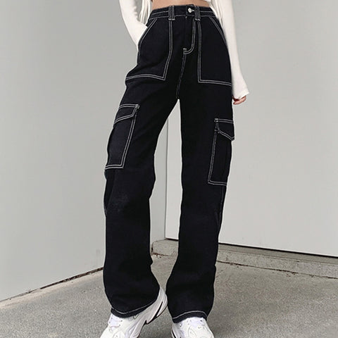 Harajuku Y2K Multi Pockets Patchwork Baggy High Waist Jeans Streetwear 100% Cotton Women Denim Trouser Loose Pants Punk Jeans