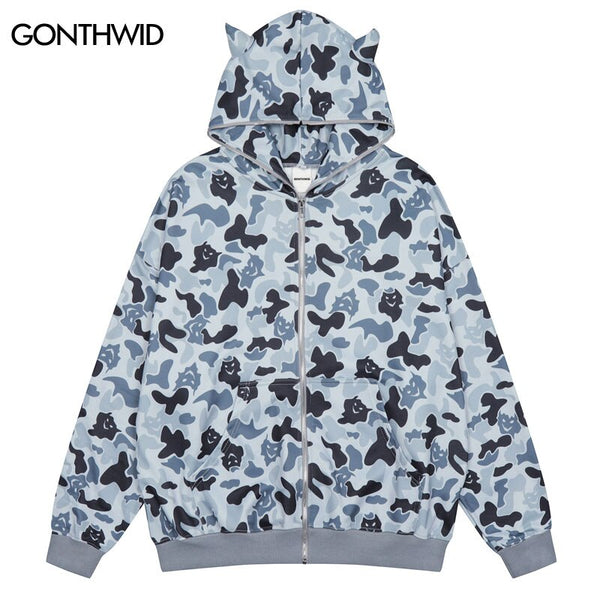 Harajuku Zip Up Y2K Hoodie Sweatshirt Coat Grunge Hip Hop Ghost Camouflage Zipper Hooded Jacket 2023 Autumn Loose Tops