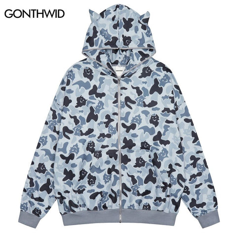 Harajuku Zip Up Y2K Hoodie Sweatshirt Coat Grunge Hip Hop Ghost Camouflage Zipper Hooded Jacket 2023 Autumn Loose Tops