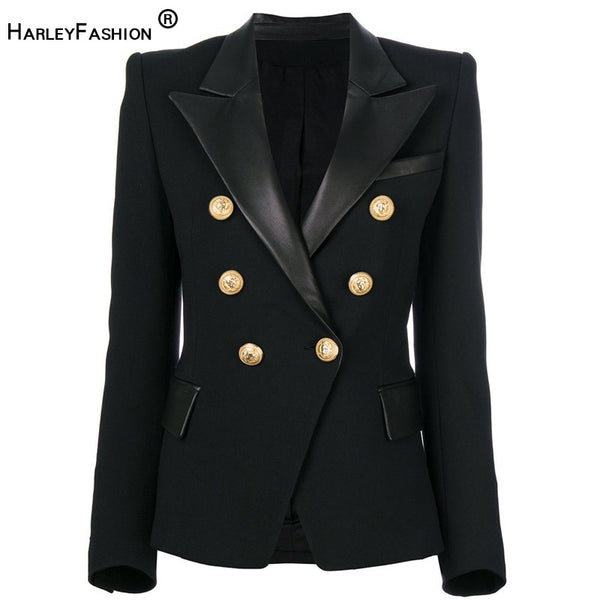 2022 Spring Autumn Quality European Design PU Leather Collar Slim Black Blazer OL Formal Classic Fittness Blazers