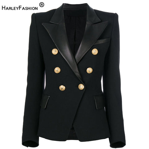 2022 Spring Autumn Quality European Design PU Leather Collar Slim Black Blazer OL Formal Classic Fittness Blazers