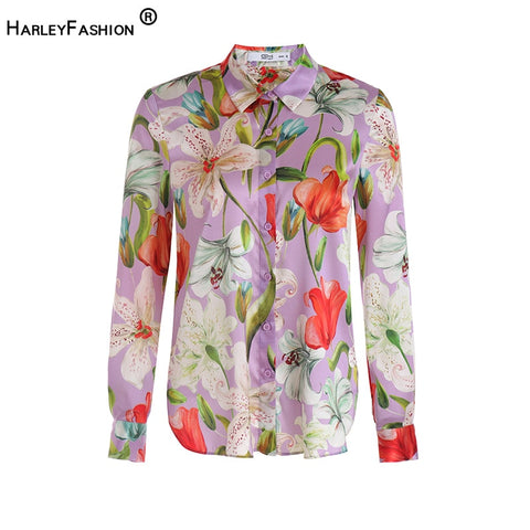 HarleyEuropean American High Street Design Women Flower Printing Shirt Romantic Pattern Purple Loose 70% Silk Blouse