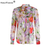 HarleyEuropean American High Street Design Women Flower Printing Shirt Romantic Pattern Purple Loose 70% Silk Blouse