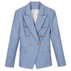 HarleyEuropean Women Elegant Light Blue Blazer Metal Buttons Casual Slim Jackets Outerwear Blazers