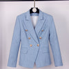 HarleyEuropean Women Elegant Light Blue Blazer Metal Buttons Casual Slim Jackets Outerwear Blazers