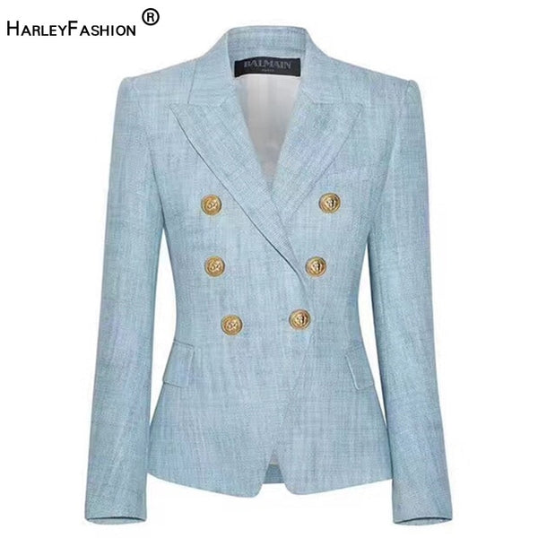 HarleyEuropean Women Elegant Light Blue Blazer Metal Buttons Casual Slim Jackets Outerwear Blazers