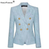HarleyEuropean Women Elegant Light Blue Blazer Metal Buttons Casual Slim Jackets Outerwear Blazers