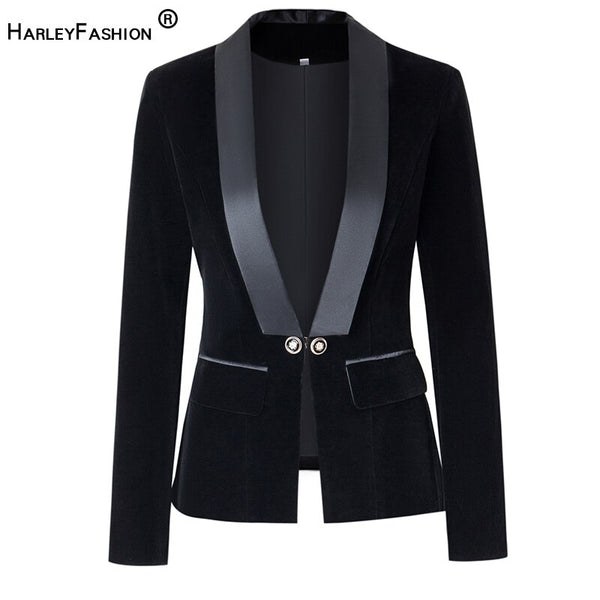 HarleyFall Spring Brief Design Single Buttons  Black/Blue Velvet Basic Slim Women Blazers Casual Jackets