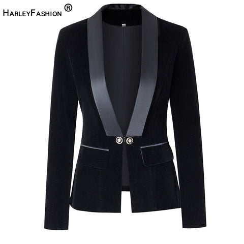HarleyFall Spring Brief Design Single Buttons  Black/Blue Velvet Basic Slim Women Blazers Casual Jackets