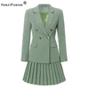 HarleyFall Spring Design Quality OL Skirt Suits Slim Blazer Short Pleated Skirt Green Office Lady Two Pieces Sets