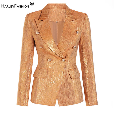 Harley Quality European Women Vintage Gold Blazer Bling Bling Slim Quality Fitness Retro Blazers