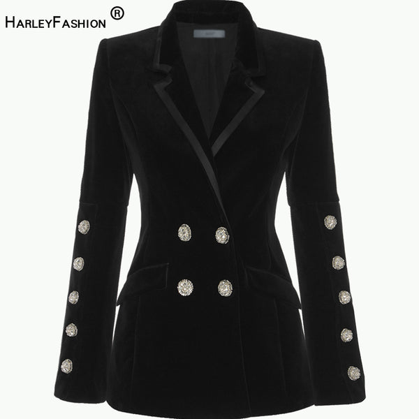 HarleyTrending Fall Winter Notched Exquisite Diamonds Buttons  Black Chic Velvet Blazer Casual Jackets