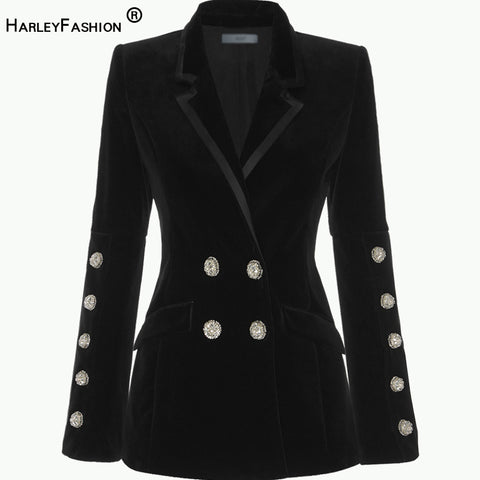 HarleyTrending Fall Winter Notched Exquisite Diamonds Buttons  Black Chic Velvet Blazer Casual Jackets