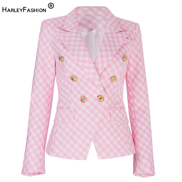 HarleyWinter Warm Tweed Fabric  Designer Plaid Pattern Street Pink Thick Jacket Women Blazers