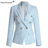 HarleyWomen Autumn Winter Warm Weave Tweed Blazer Plaid Pattern  Casual Slim Fitness Light Blue Jackets