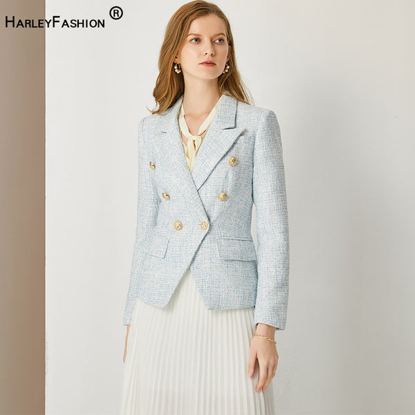 HarleyWomen Autumn Winter Warm Weave Tweed Blazer Plaid Pattern  Casual Slim Fitness Light Blue Jackets