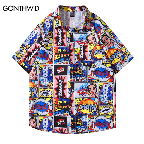Hawaiian Shirt Blouse Streetwear Men Vintage Cartoon Print Pocket  Shirts Hip Hop Harajuku Casual Short Sleeve Button Up Shirts