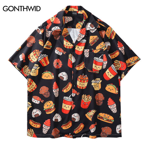 Hawaiian Shirt Hip Hop Cartoon Sushi Hamburger Print Beach Shirts Streetwear Harajuku Casual Short Sleeve Button Down Shirts Top