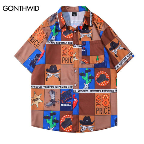 Hawaiian Shirt Mens Hip Hop Vintage Cactus Print Short Sleeve Button Up Pocket Shirts Streetwear Harajuku Casual Loose Shirt Top