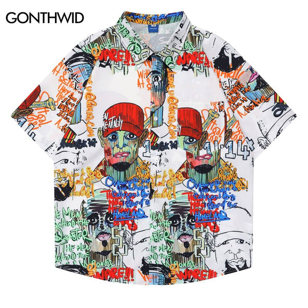 Hawaiian Shirt Streetwear Hip Hop Graffiti Letter Print Pocket Short Sleeve Shirts 2023 Harajuku Summer Casual Button Up Shirt