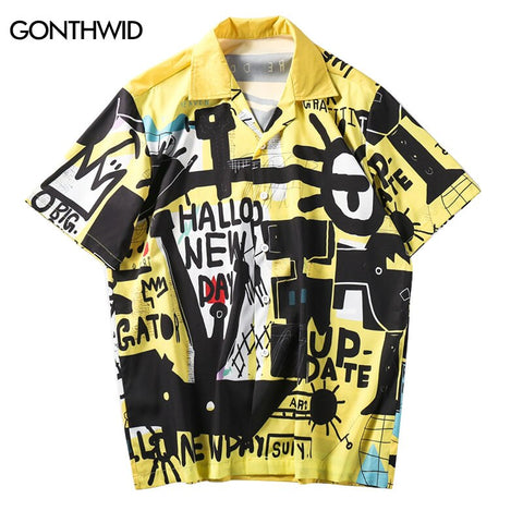 Hawaiian Shirt Streetwear Hip Hop Graffiti Print Short Sleeve Button Down Beach Shirt Men Summer Harajuku Casual Tropical Shirts