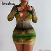 Hawthaw Women Autumn Long Sleeve V Neck Printed Gradient Bodycon Green Mini Dress 2023 Fall Clothes  Items